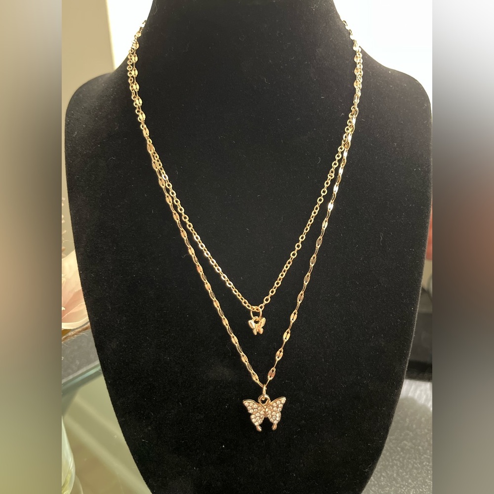 Gold Tone Layered Butterfly Pendant Necklace